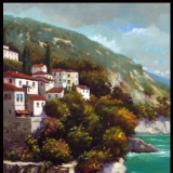 original, oil, Amalfi Coast, Italy, oversize, heavy paint, south american artist, cliff, villa, sea, water