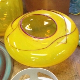 Hand blown glass, yellow, red, vessel