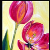 tall, narrow, floral, tulip, red, yellow, original, acrylic on canvas