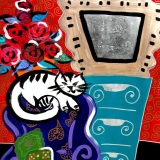 tv, cat, original, painting, paper art, colorful art, fun art, acrylic on paper, acrylic