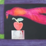 etching, paper art, bird, strawberry, Canadian artist, fun art, purpole