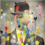 MAGRITTE, TOP HAT, BOWLER HAT, MAN, SUIT, MEN, STYLE, FASHION, TENNIS BALLS, SPLATTER PAINT, OVERSIZED ART, MIXED MEDIA, ONE OF A KIND, POP ART, POP